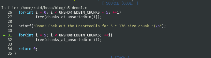 GDB source section once breakpoint @L#31 is hit